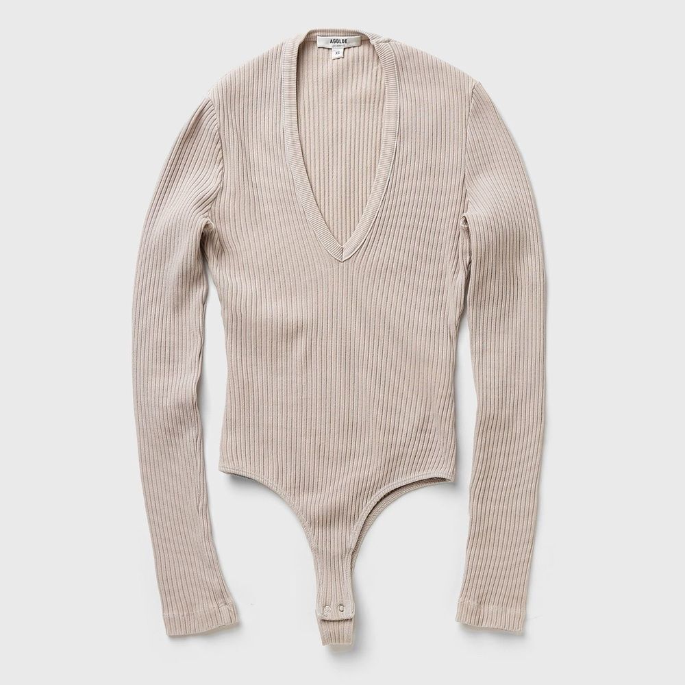 AGOLDE Tavi Deep V Thong Bodysuit Organic Cotton Beige